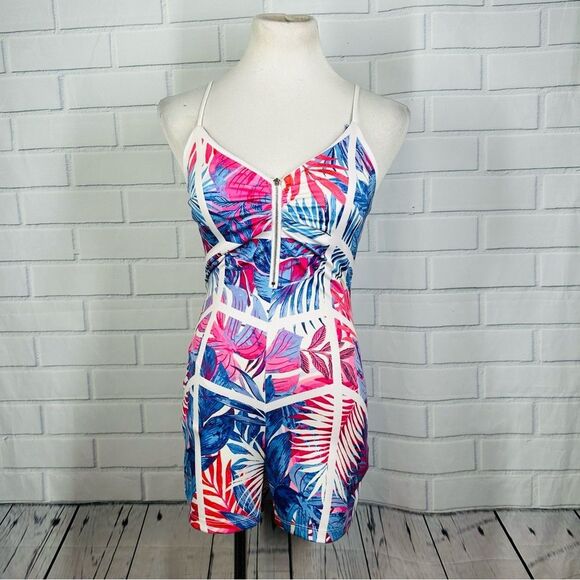 Her...Bottari Red, White & Blue Tropical Print Stretchy Romper - Size Medium - Picture 1 of 11